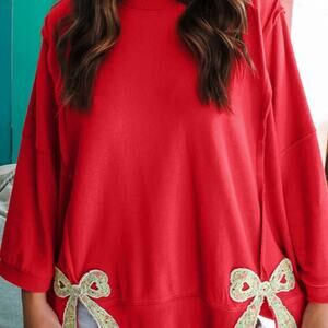 Fiery Red Floral Bow Patched Exposed Seam Patchwork Slit Baggy Sweatshirt Small